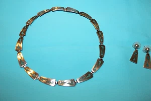 Taxco Mexico Sterling Silver Turquoise Chip Inlay Link Necklace 16" Earrings 1.5 - Picture 1 of 11