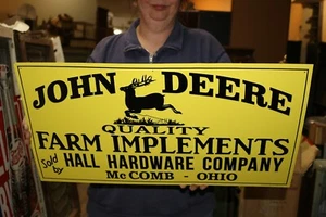 Scarce John Deere Quality Farm Implements Tractor Tin Tacker Embossed Sign NICE - Picture 1 of 5