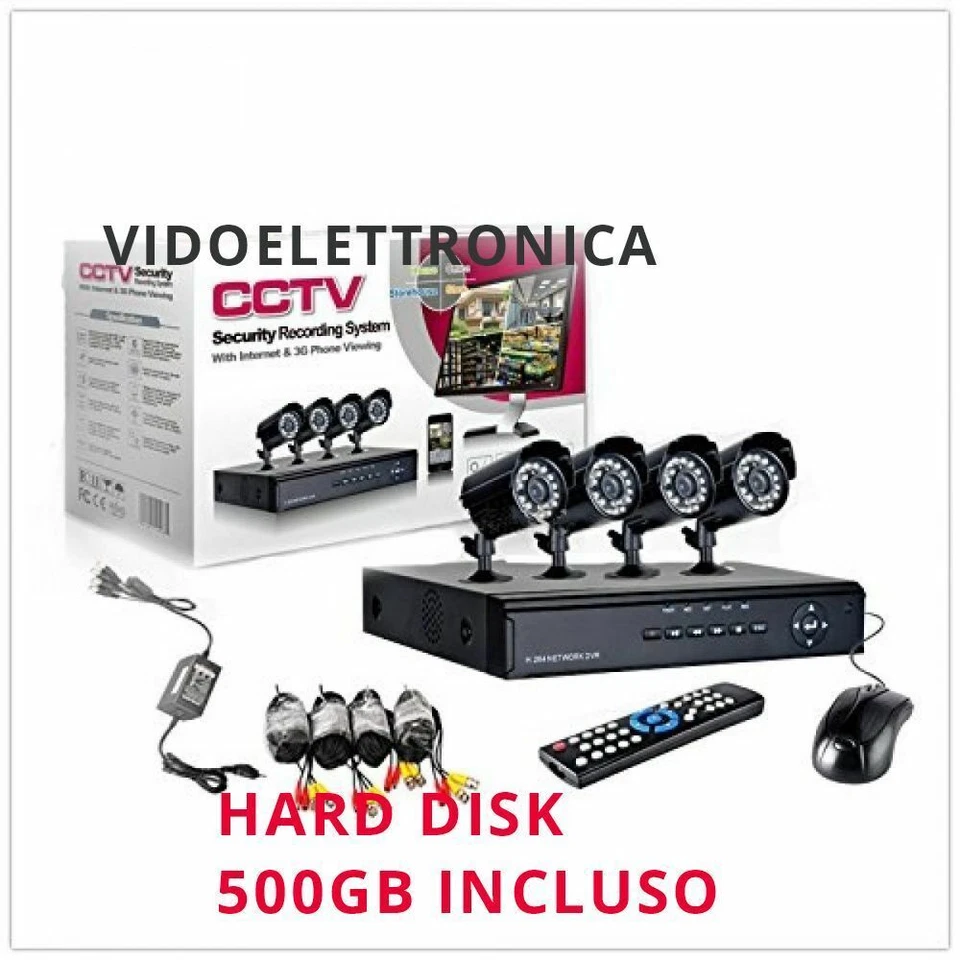 KIT VIDEOSORVEGLIANZA 4 TELECAMERA INFRAROSSI HD500 + DVR + ALIMENTATORE + CAVi