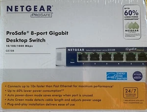 NOWY NetGear GS108 ProSafe 8-portowy przełącznik biurkowy RJ45 Gigabit Ethernet - Zdjęcie 1 z 2