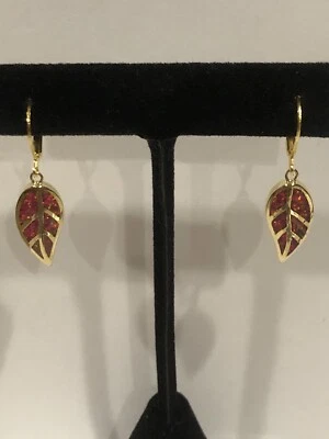 14k Gold Over Sterling Leverbacks W Lab Created Red Fire Opal Charms 1 1/4” Drop - Image 1 of 4