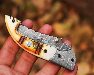 Custom Damascus steel pocket knife Color Bone Handle Folding Knives outdoor Use - Picture 1 of 6