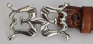 Vintage Southwest STERLING SILVER Cast Belt Buckle on Leather Belt - Picture 1 of 6
