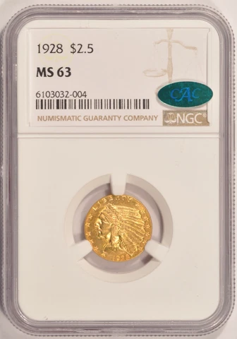 1928 $2.50 Indian Gold Quarter-Eagle Coin NGC MS63 CAC Approved Pre-1933 Gold Cover