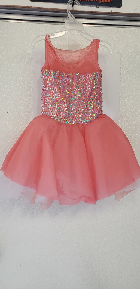 Vestido de princesa Curtain Call coral com lantejoulas holograma prata infantil tamanho M  - Imagem 1 de 3