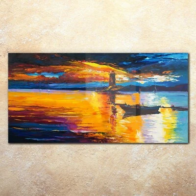 Glasbilder Wandbild Druck auf Glas 140x70 Meer Sonnenuntergang Boote Leuchtturm - Bild 1 von 4
