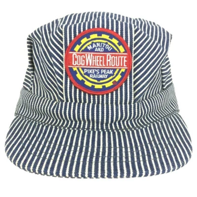 Vtg Cog Wheel Route Hat Pikes Peak Railway Patch Cap Engineer Striped Snap Back - Image 1 of 4