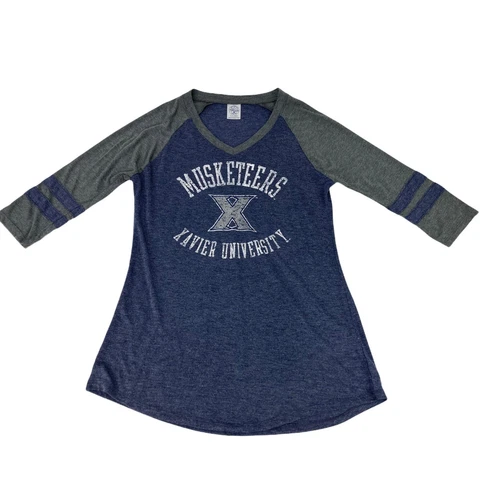 Xavier University Musketeers Womens Sz SMALL (4/6) V-Neck 3/4 Sleeve T-Shirt Top Cover