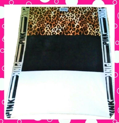 Victoria Secret PINK FRIDAY Colorblock Black Leopard LOGO SHERPA PLUSH BLANKET - Image 1 of 4