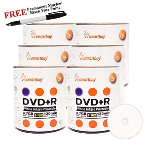 600 Smartbuy 16X DVD+R 4,7 GB disco imprimible por inyección de tinta blanco + marcador permanente negro - Imagen 1 de 3
