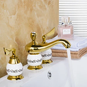 Gold Marble Taps Waterfall 3 PCS Bathroom Bathtub Basin Sink Brass Mixer Faucet - Bild 1 von 12