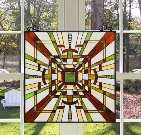 26"  Tiffany style stained glass future mission style hanging window panel Cover