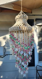 Vintage Seashell Macrame Chandelier White Green Pink Ceiling Hanging Decor *Read - Picture 1 of 17