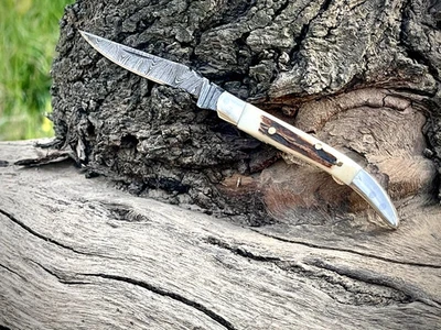 Cuchillo plegable de palillo de dientes Damasco Texas forjado a mano personalizado mango de ciervo con funda Foto 1 de 4