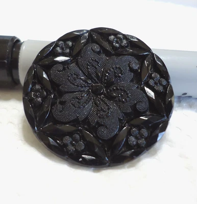 Antique Victorian Black Glass Button FANCY FLOWER 1 1/4" - Image 1 of 4