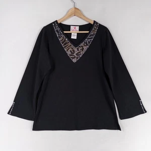 Camisa Top Quacker Factory Mujer Mediana Negra Tachonada Adornada Manga 3/4 De Colección - Imagen 1 de 8