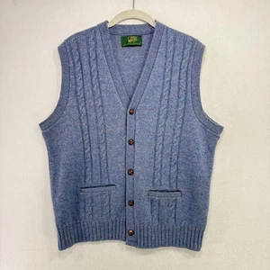 Vintage Country Squire Cardigan Vest Men L Blue Wool Cable Knit Sweater USA 90s - Picture 1 of 12