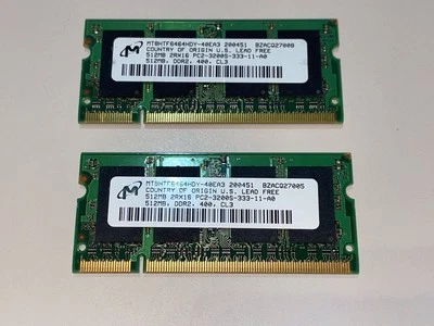MICRON  512MB 2RX16 PC-2-3200s DDR2-400 SODIMM x2 (1GB Total) Laptop Memory/RAM - Image 1 of 4