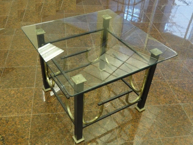 Mid Century Modern Ebonized & Gilt Steel (Iron)  Coffee Side Table w/ Glass Top - Image 1 of 1