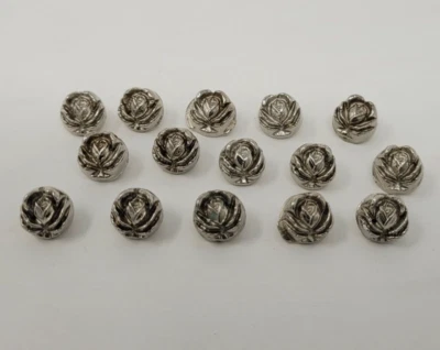 15 pcs Small Rose Head Silver Molded Plastic Craft Sewing Shank Buttons 11mm VTG - Image 1 of 3