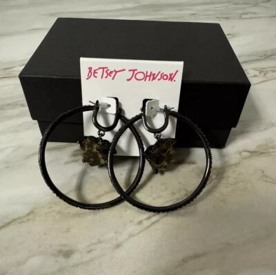 Betsey Johnson Black Crystal Rhinestone Charm Cheetah Heart Medium Hoop Earrings - Image 1 of 4