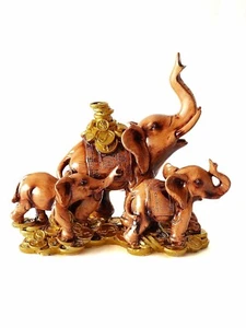 Decor Elephant with Two Baby Standing On Coin Stack for Good Luck II Positivity - Picture 1 of 7