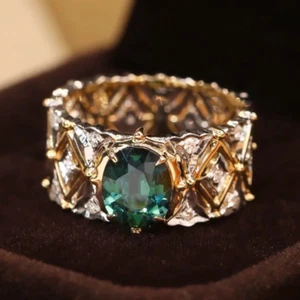 Retro Rhombus Green Tourmaline Natural Diamond Band Women Ring 14K 2-Tone Gold - Picture 1 of 8