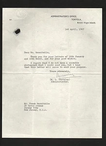 Martin S. Staveley SIGNED 1967 letter by Administrator of British Virgin Islands - Picture 1 of 1
