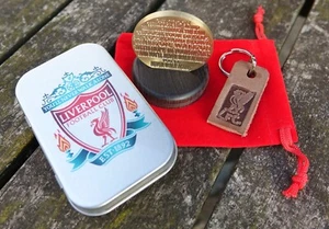 Liverpool FC LFC DEEP Engraved Brass Coin Leather Keyring Wood Stand GIFT Box - Picture 1 of 6
