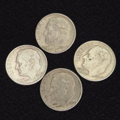 Lot Of Four 1964-D Silver Roosevelt Dimes Ungraded 90% Silver - Image 1 of 2