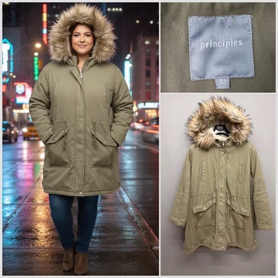 PRINCIPLES Women's Khaki Faux Fur Trim Winter Parka UK 22 EUR 50 - Image 1 of 4