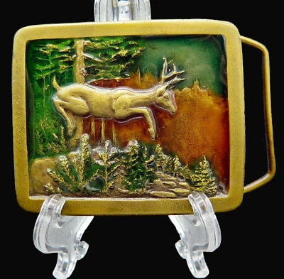 Hebilla de cinturón vintage artesanal de metal Indiana escena de naturaleza animal vida silvestre ciervo Buck Foto 1 de 4