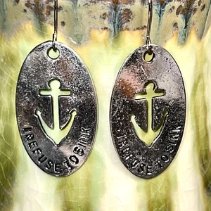 Silver Tone Engraved I Refuse to Sink Boat Anchor Charms Dangle Earrings. S430 - Picture 1 of 4
