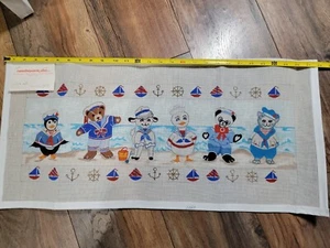 Vintage Needlepoint Canvas Handpainted Ocean Sea Nautical Navy Boats Anchor Bear - Picture 1 of 7