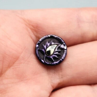 Antique Victorian Purple Tint Lustre Metal Cut Steel Thistle Picture Button 1/2" - Image 1 of 4