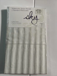 Sky Watercolor Stripe Percale 2 Standard Pillowcases 100% Cotton White / Grey - Picture 1 of 2
