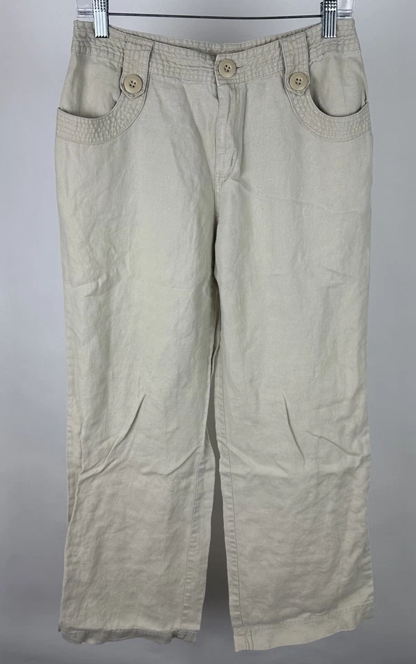 Vintage 90s Y2K Linen Pants 6 / S Beige Wide Leg Trouser Big Buttons Neutral  - Image 1 of 4