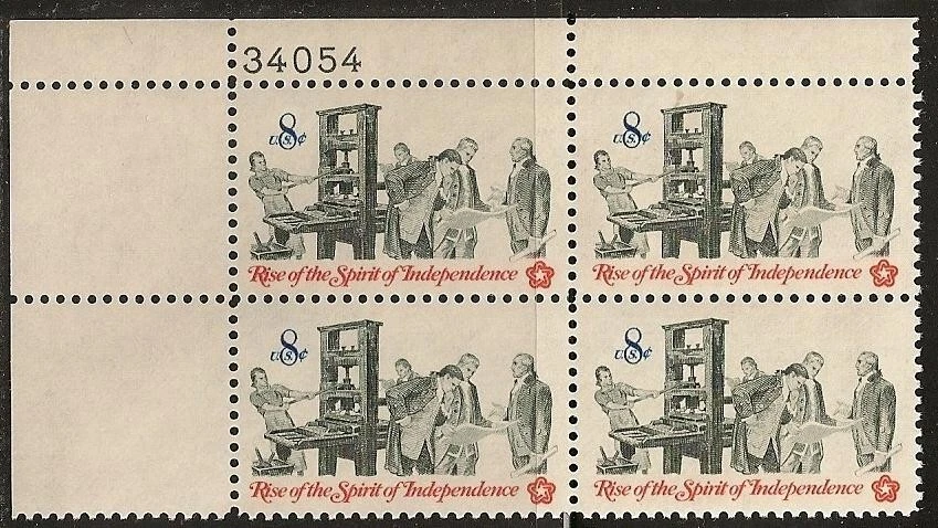 US 1476 Spirit of Independence Printer 8c plate block 4 UL 34054 MNH 1973 - Image 1 of 1