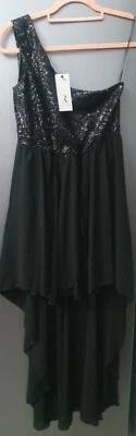 Rare London One Shoulder Black Sequin Chiffon Party Dress UK14 EU42 Asymmetric - Image 1 of 4