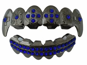 Custom Fit Black CZ Mouth Teeth Metal Grillz Upper Lower Fangs Set Blue Stones - Picture 1 of 1