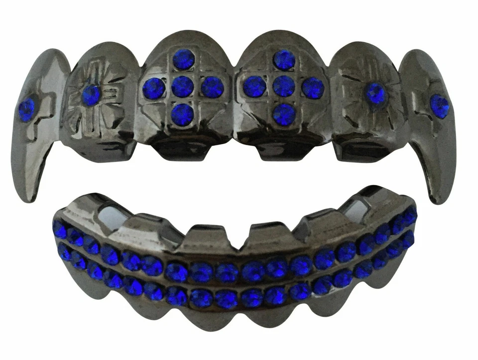 Custom Fit Black CZ Mouth Teeth Metal Grillz Upper Lower Fangs Set Blue Stones - Image 1 of 1