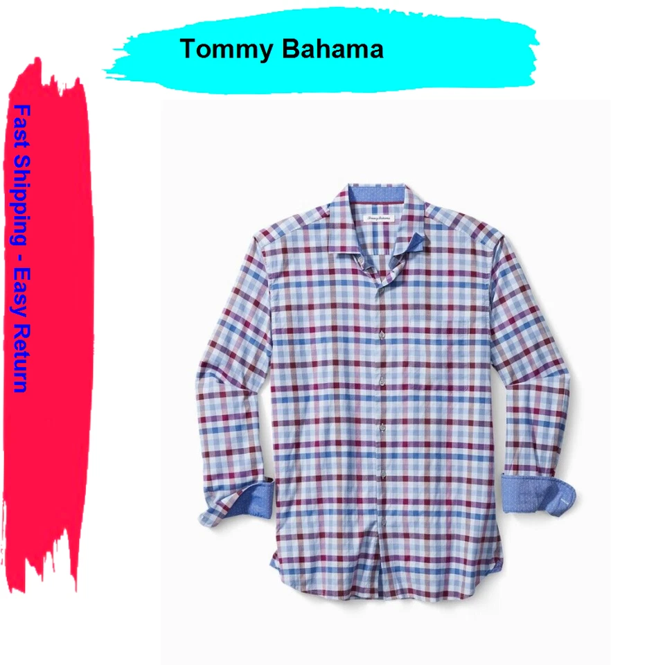 Tommy Bahama Rancho Via Check LS Stretch Classic Fit Mens Shirt LT Sky M