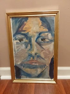 Vintage OIL PAINTING BLUE ABSTRACT EXPRESSIONISM FACE 19" X 13" GC - Picture 1 of 8
