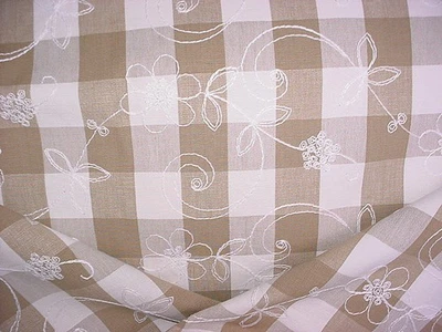 12-1/4Y Kravet 19188 Taupe Floral Embroidered Buffalo Check Upholstery Fabric - Image 1 of 4