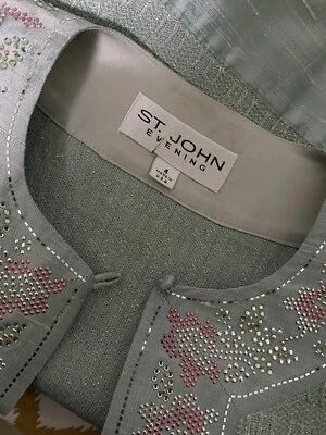 Chaqueta de Traje LKNW St. John 4 Recortada Adornada Brillo Aqua-Sage Verde Plata Foto 1 de 4