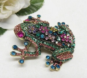 GOLD TONE, MULTICOLOR RHINESTONE FROG BROOCH - Picture 1 of 4