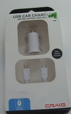 Craig USB Car Charger with Mini & Micro USB Cables - White - Image 1 of 4