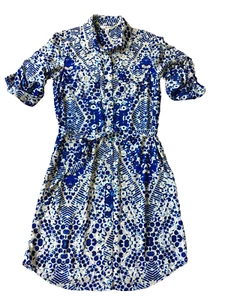 Cabi Shirt Dress Women S 4 6 Button Up Tunic Blue Abstract Print Roll Tab Sleeve - Picture 1 of 10