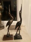 Vintage Pair Of Wood Bird Stork Egret Heron Crane Carved Figurines Mounted