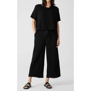 Eileen Fisher Medium Black Lounge Set Organic Cotton Gauze Box-Top Wide Leg Pant - Picture 1 of 11